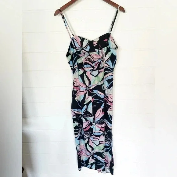EUC Zara Linen Blend Tropical Print Corset Ruched Midi Dress Size Medium - Picture 13 of 17